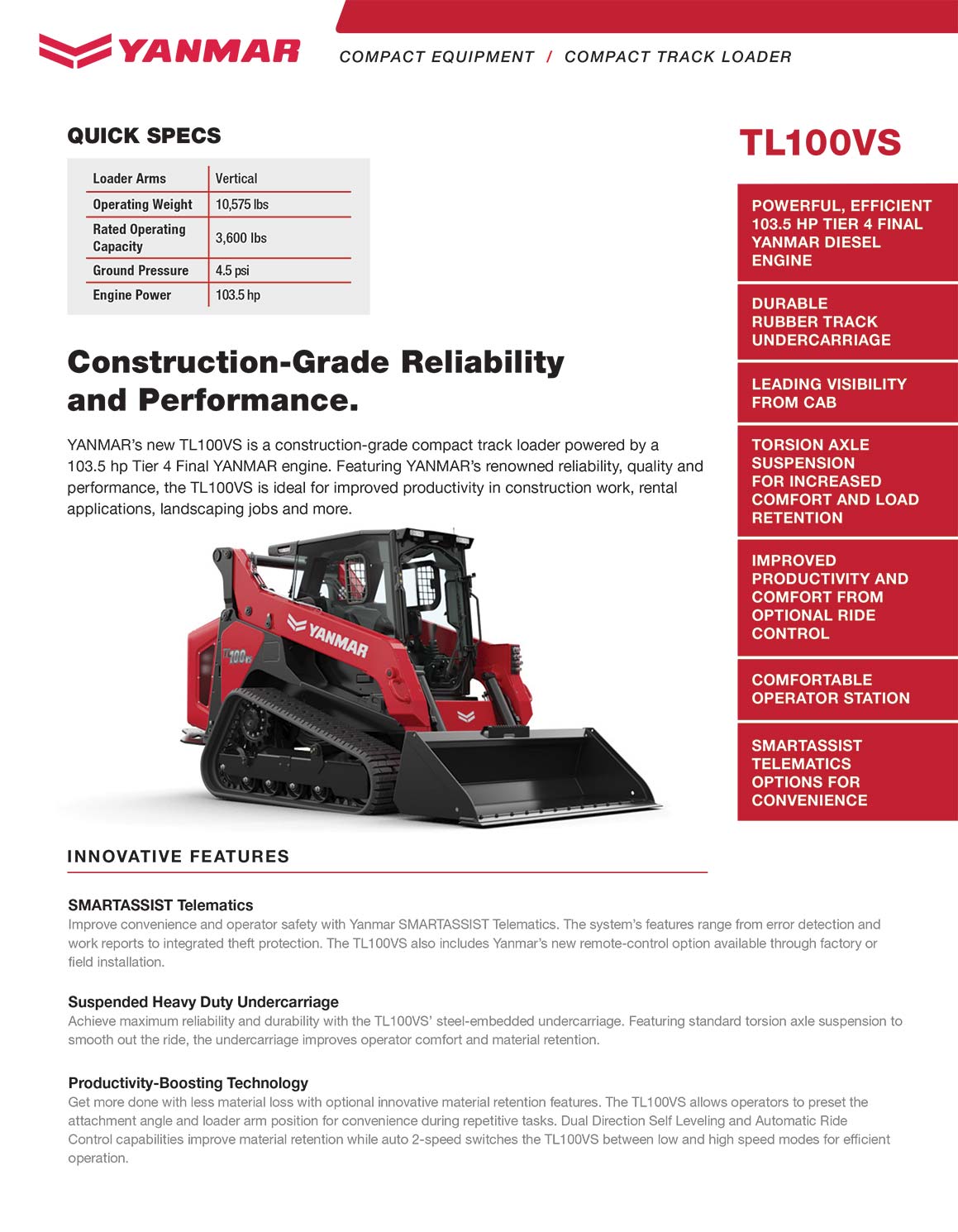 image of specs for TL100VS excavator